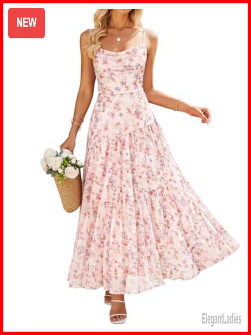 Women's Mesh Floral Maxi Dress Sleeveless Cowl Neck High Waist Boho